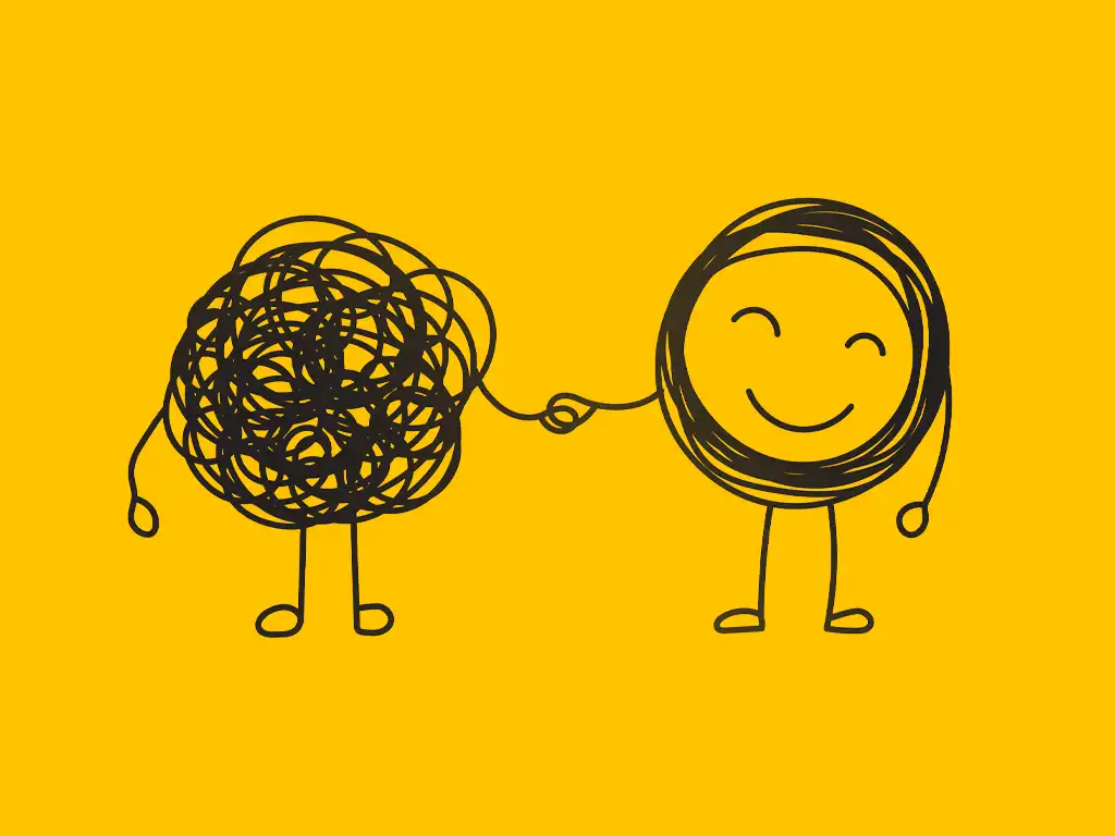 Integrales Coaching: Illustration zur Wandlung von Gedankenchaos zu Klarheit und Lebensfreude.